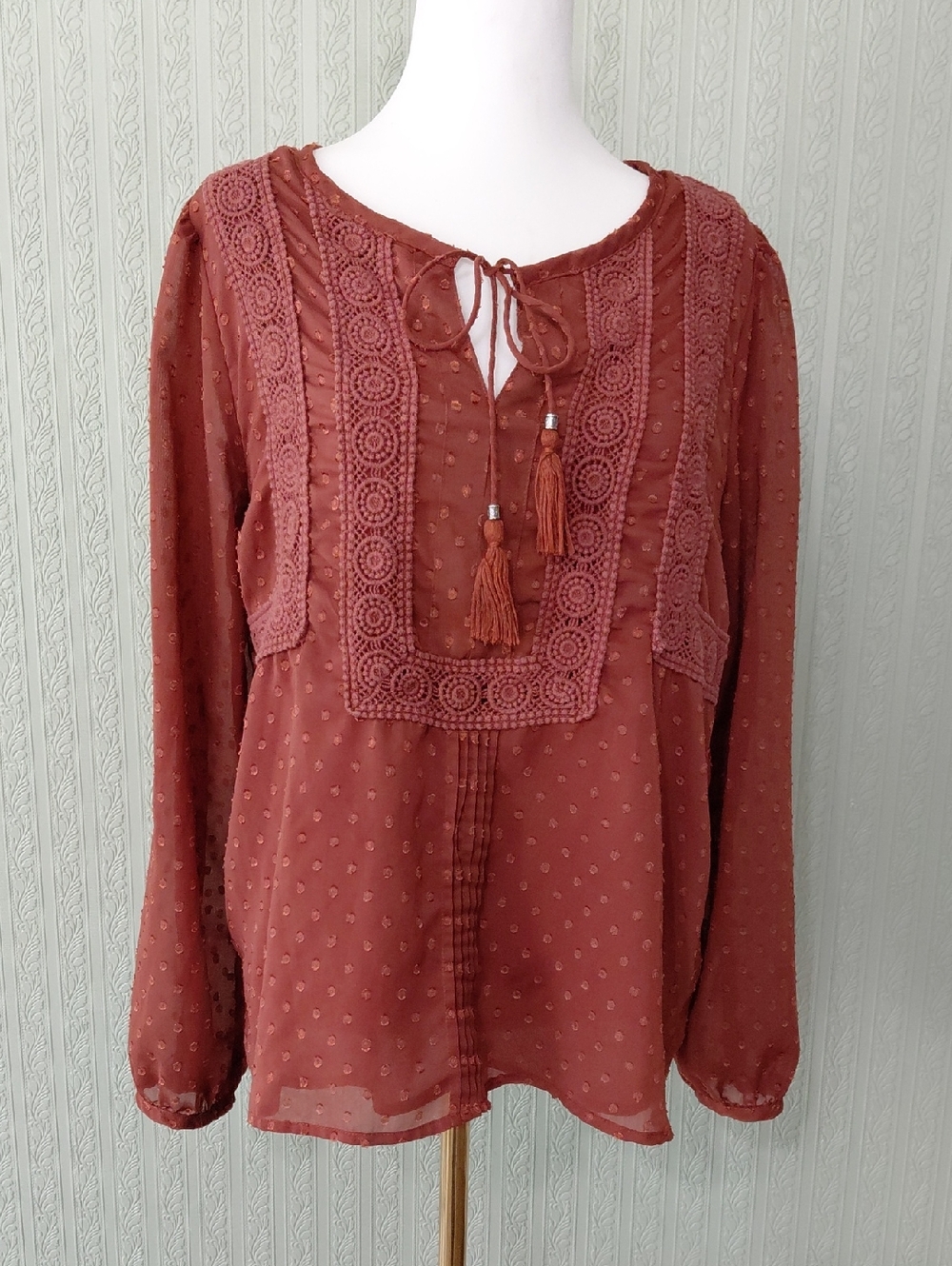 MISS ME Boho Tassel Tie Rust Brown Women’s Blouse Bohemian Medium